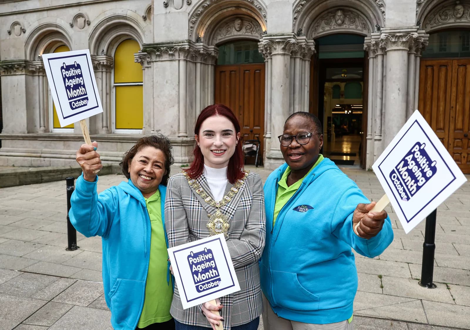 The Lord Mayor of Belfast, Councillor Roís-Máire Donnelly pictured with Age Friendly volunteers at 2 Royal Avenue, which hosts the weekly Grapevine Connection Hub for older people and will be one of t